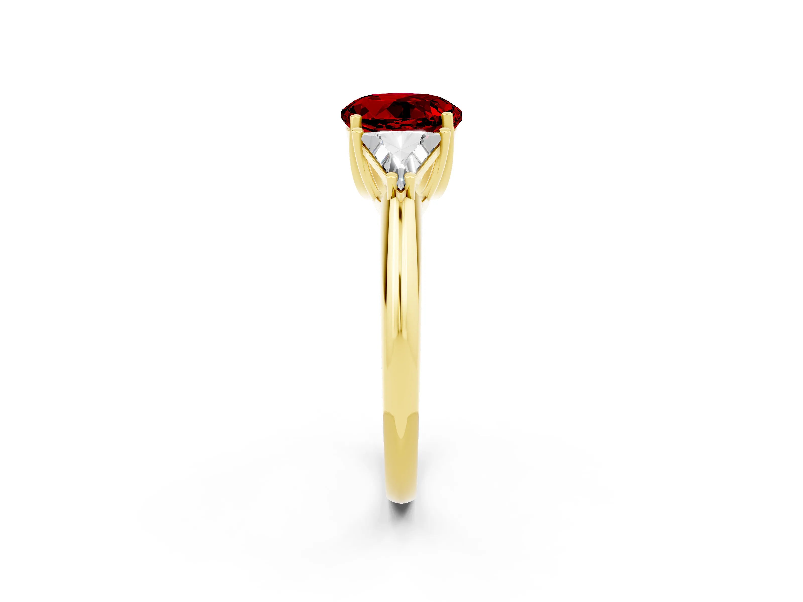 Yellow gold Three-Stone Round Cut Cut Diamond Ring with Trillion Side Stones and Four-Prong Setting_2