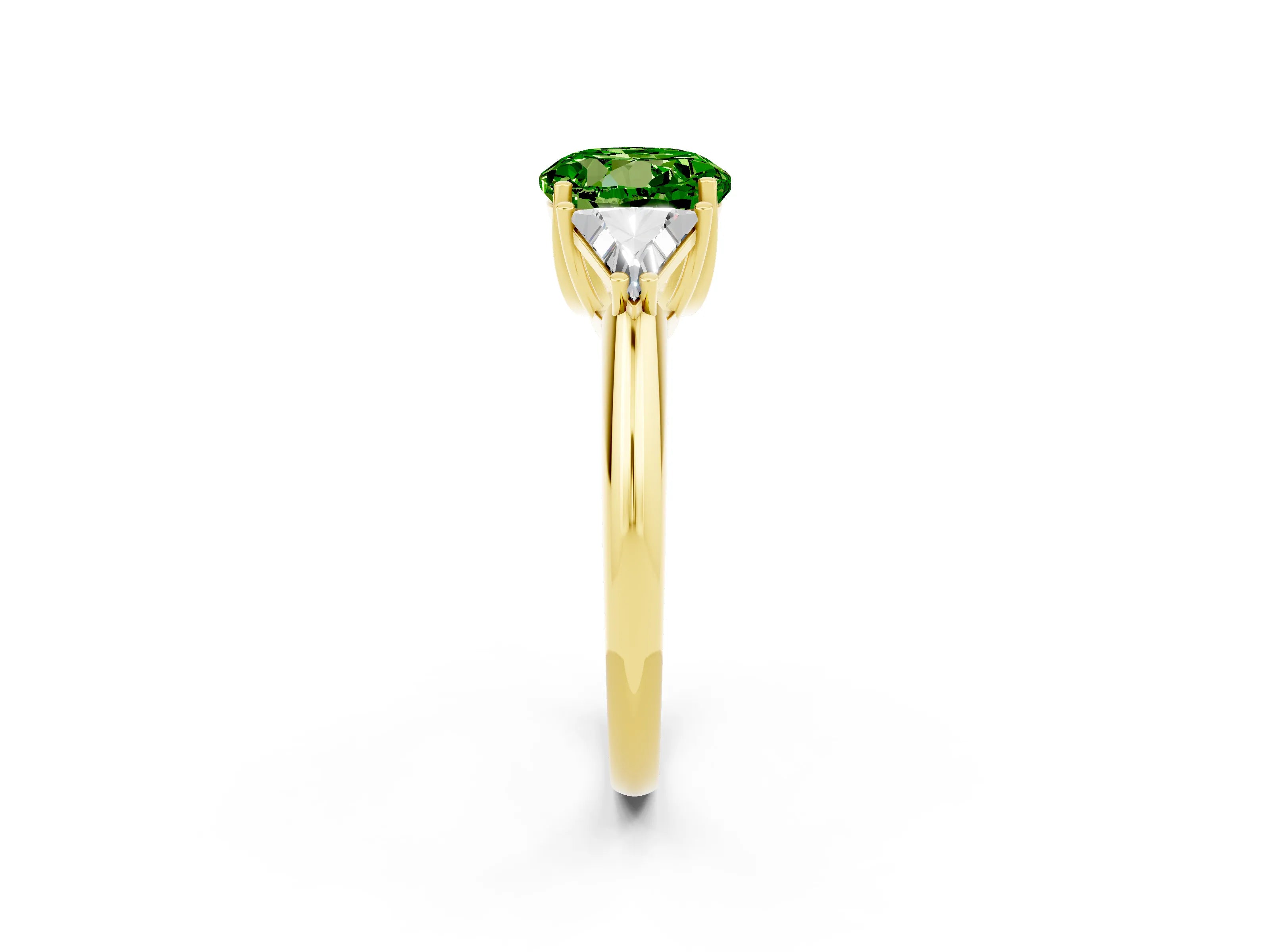 Yellow gold Three-Stone Round Cut Cut Diamond Ring with Trillion Side Stones and Four-Prong Setting_2