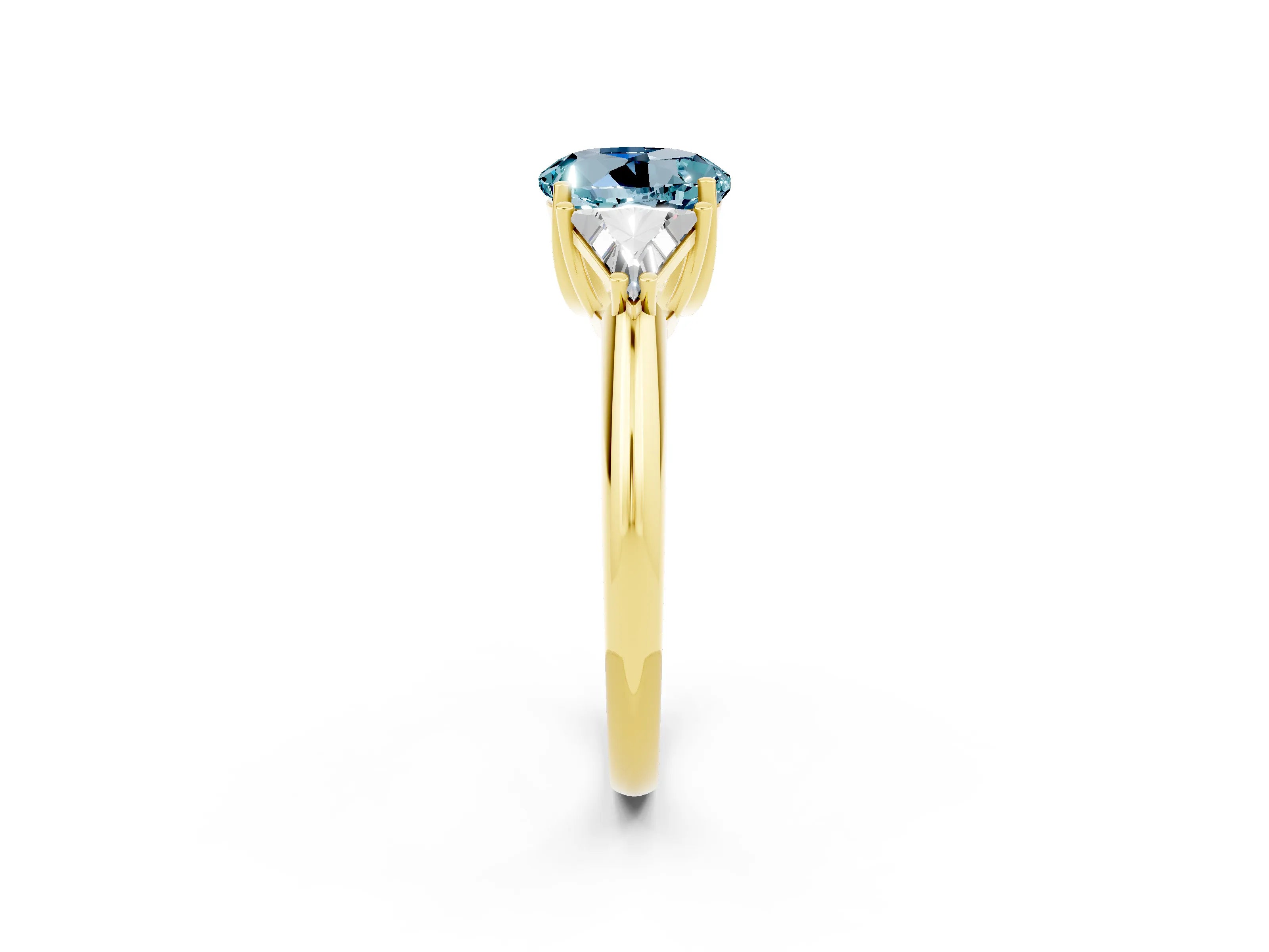 Yellow gold Three-Stone Round Cut Cut Diamond Ring with Trillion Side Stones and Four-Prong Setting_2