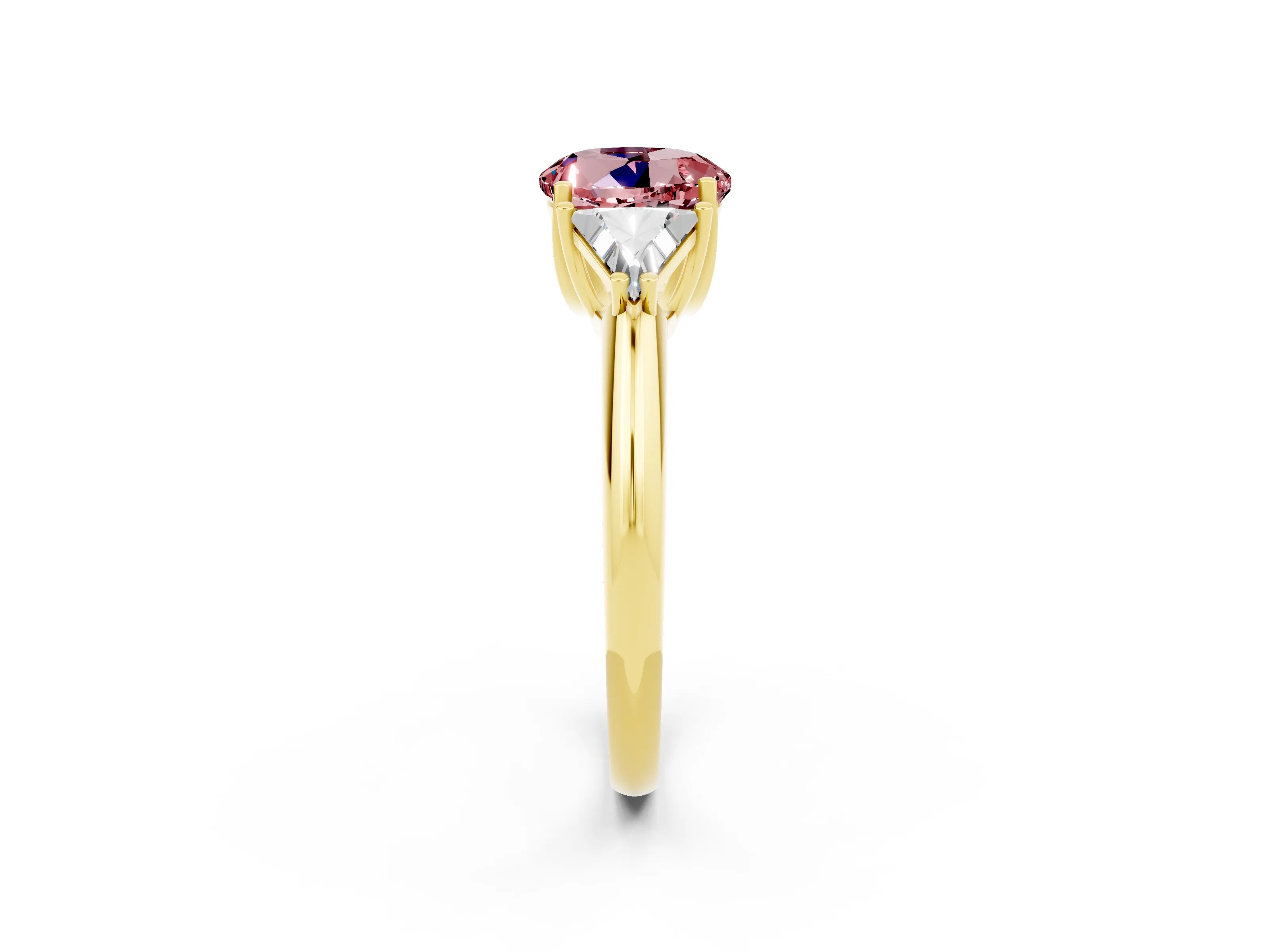 Yellow gold Three-Stone Round Cut Cut Diamond Ring with Trillion Side Stones and Four-Prong Setting_2