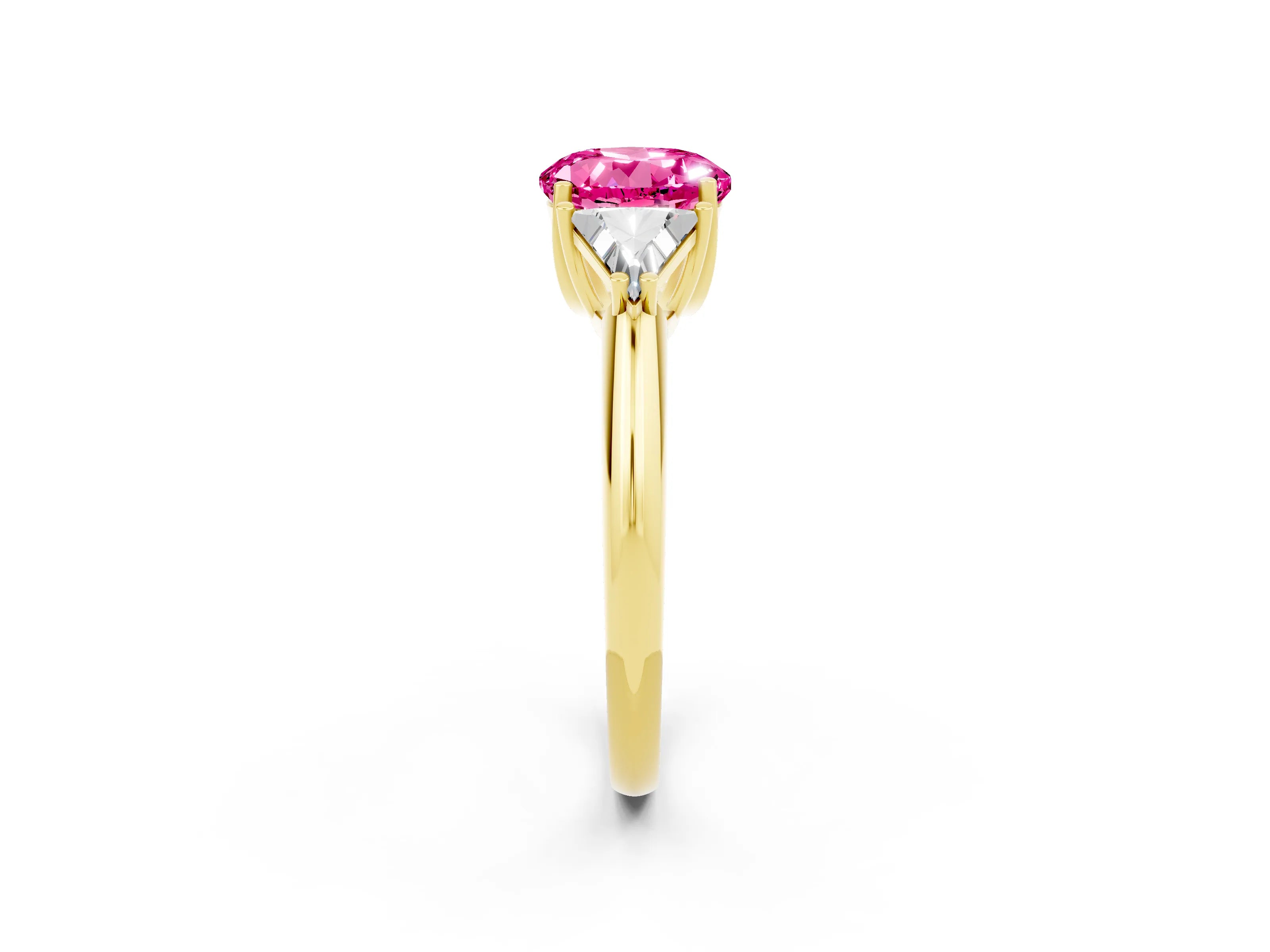 Yellow gold Three-Stone Round Cut Cut Diamond Ring with Trillion Side Stones and Four-Prong Setting_2