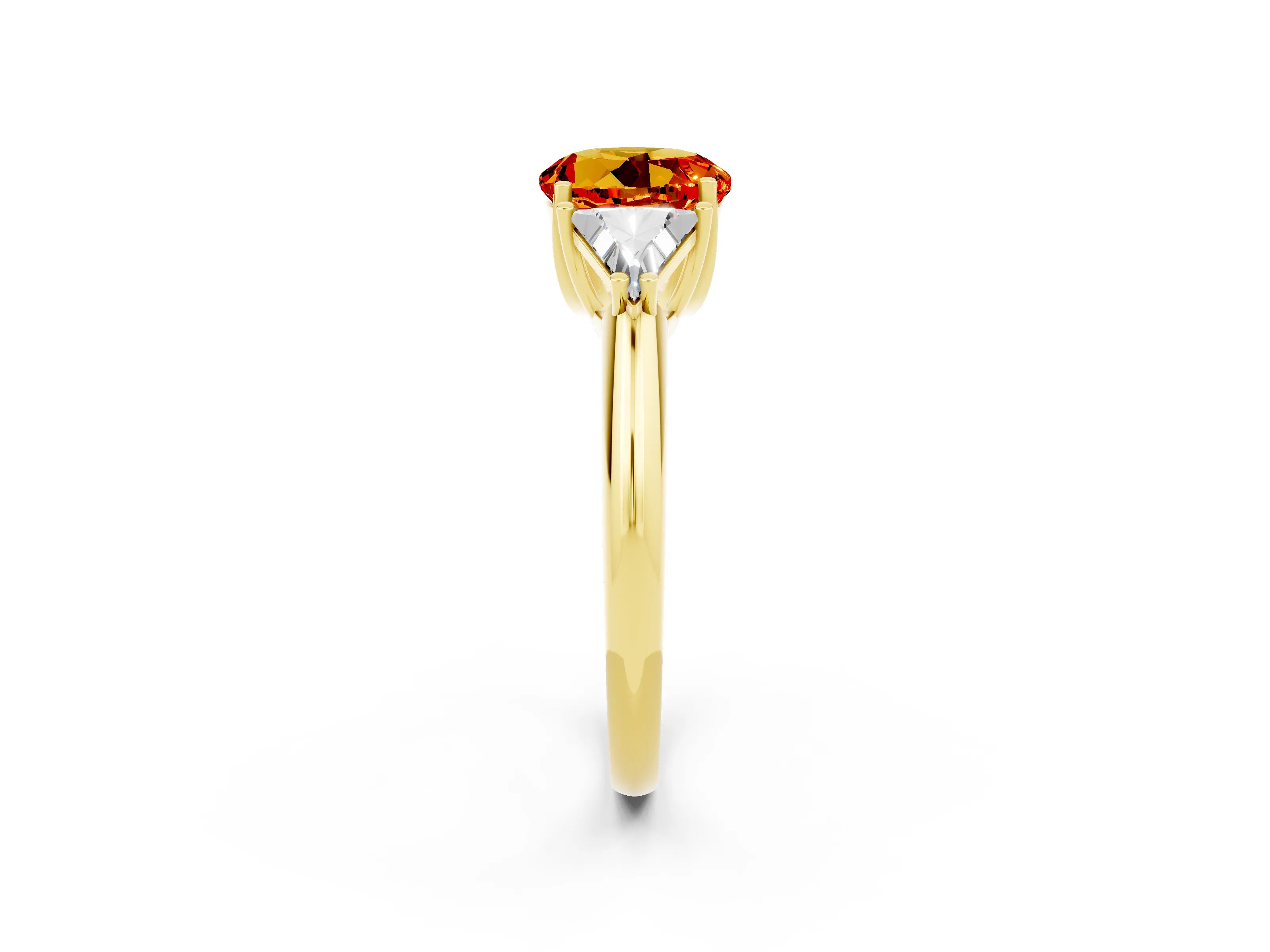 Yellow gold Three-Stone Round Cut Cut Diamond Ring with Trillion Side Stones and Four-Prong Setting_2