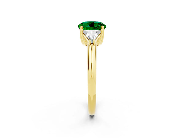 Yellow gold Three-Stone Round Cut Emerald Engagement Ring with Trillion Side Stones and Prong Setting