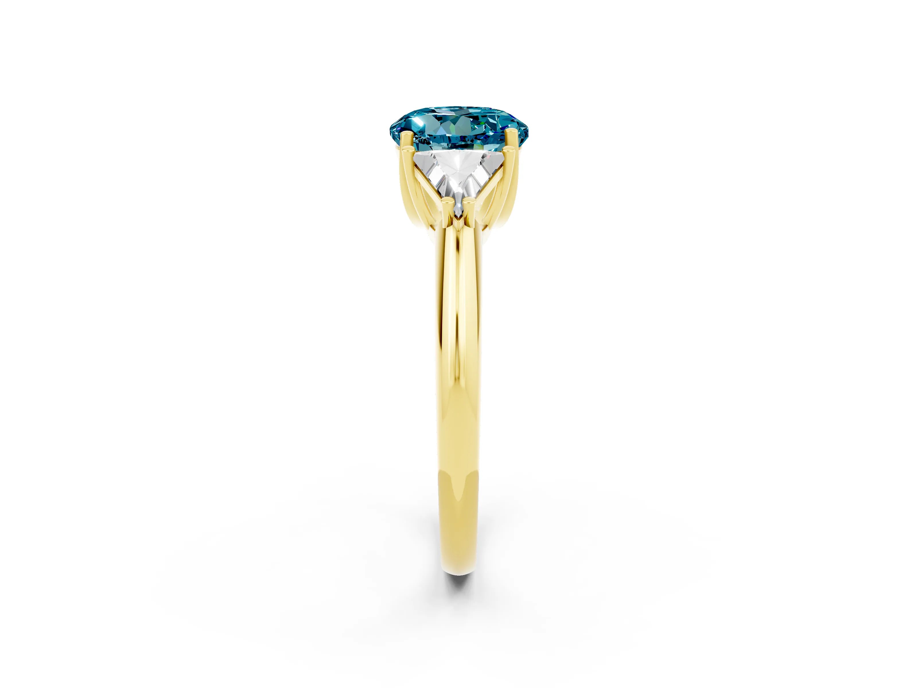 Yellow gold Three-Stone Round Cut Cut Diamond Ring with Trillion Side Stones and Four-Prong Setting_2