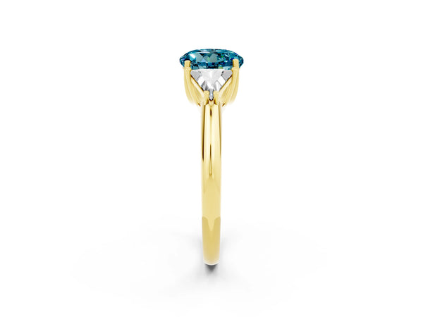 Yellow gold Three-Stone Round Cut Cut Diamond Ring with Trillion Side Stones and Four-Prong Setting