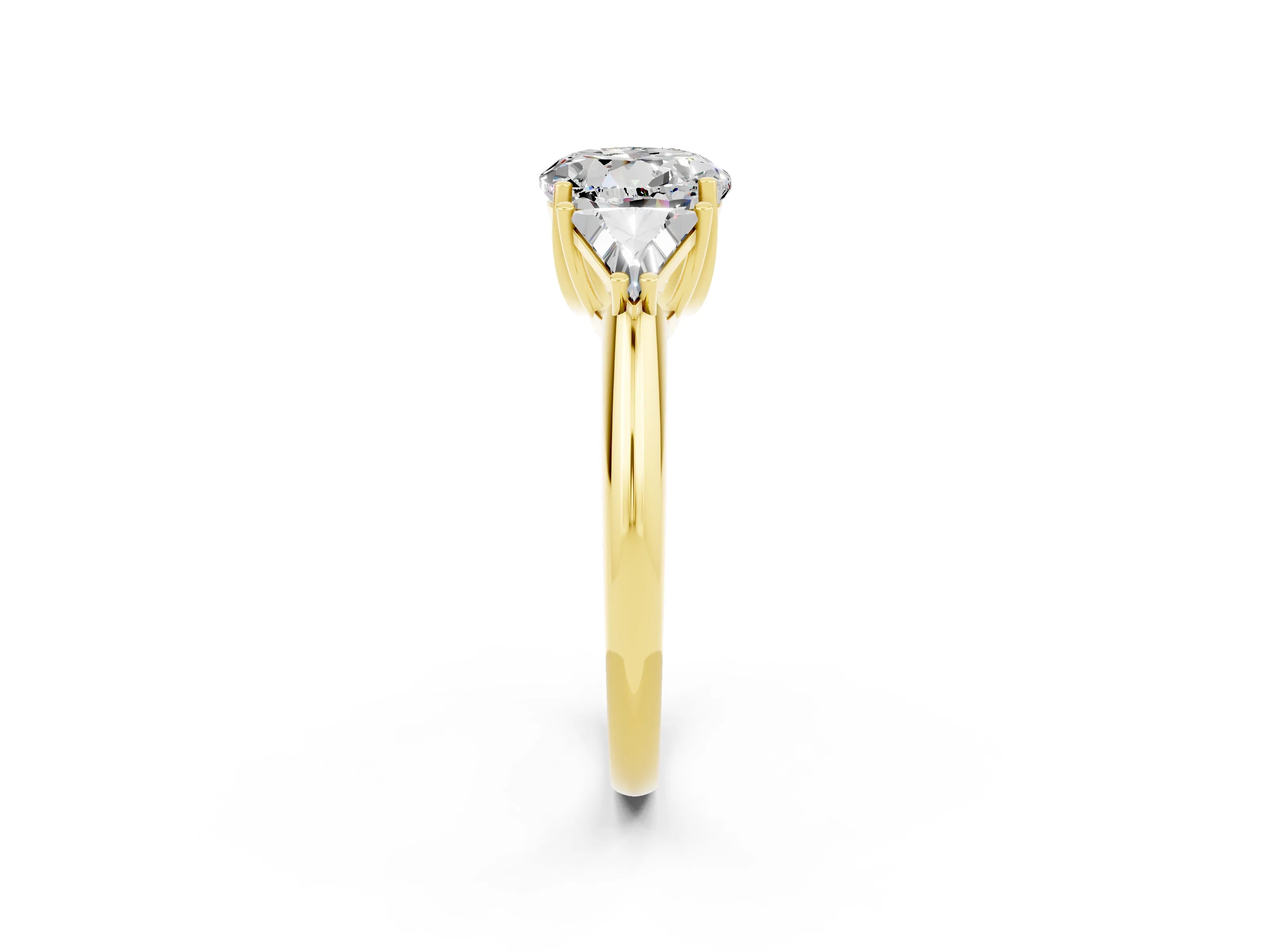 Yellow gold Three-Stone Round Cut Cut Diamond Ring with Trillion Side Stones and Four-Prong Setting_2