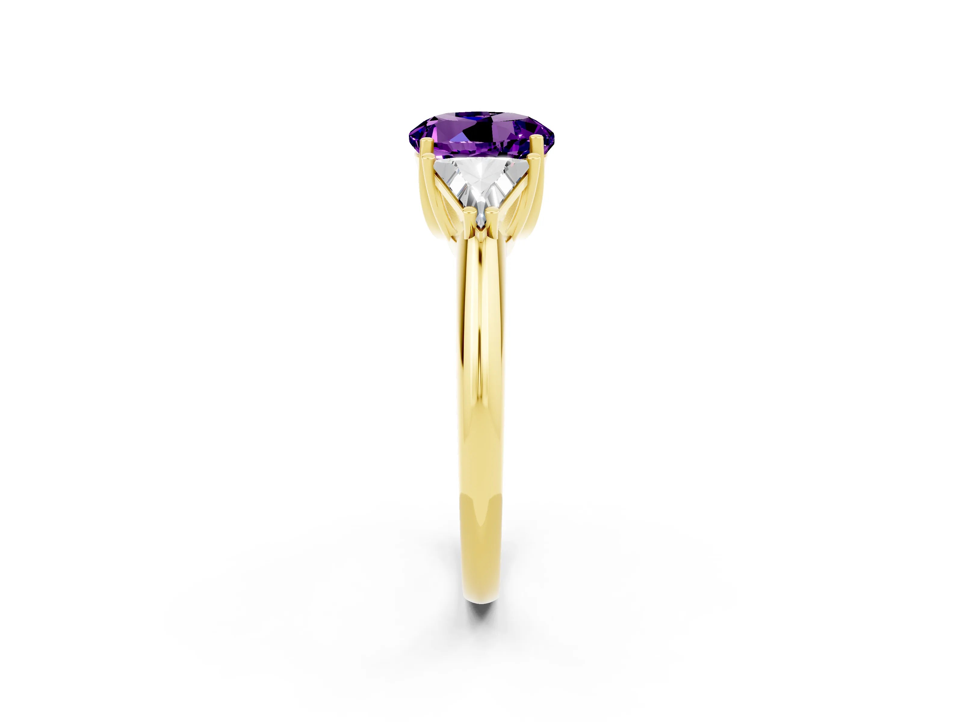 Yellow gold Three-Stone Round Cut Cut Diamond Ring with Trillion Side Stones and Four-Prong Setting_2