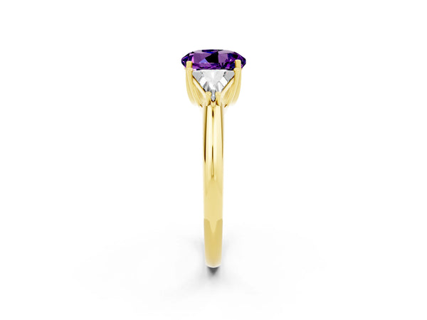 Yellow gold Three-Stone Round Cut Amethyst Engagement Ring with Trillion Side Stones and Prong Setting