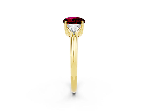 Yellow gold Three-Stone Round Cut Garnet Engagement Ring with Trillion Side Stones and Prong Setting