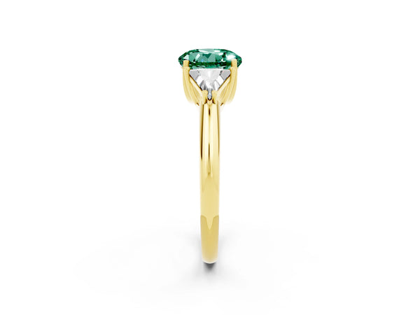 Yellow gold Three-Stone Round Cut Green Sapphire Engagement Ring with Trillion Side Stones and Prong Setting