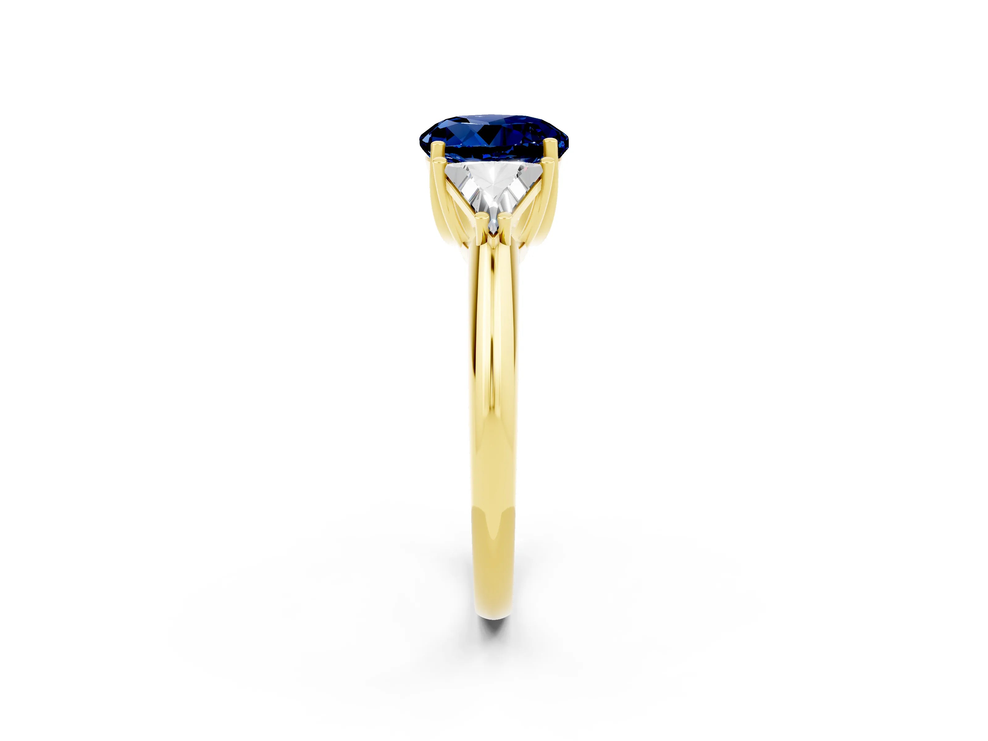 Yellow gold Three-Stone Round Cut Cut Diamond Ring with Trillion Side Stones and Four-Prong Setting_2