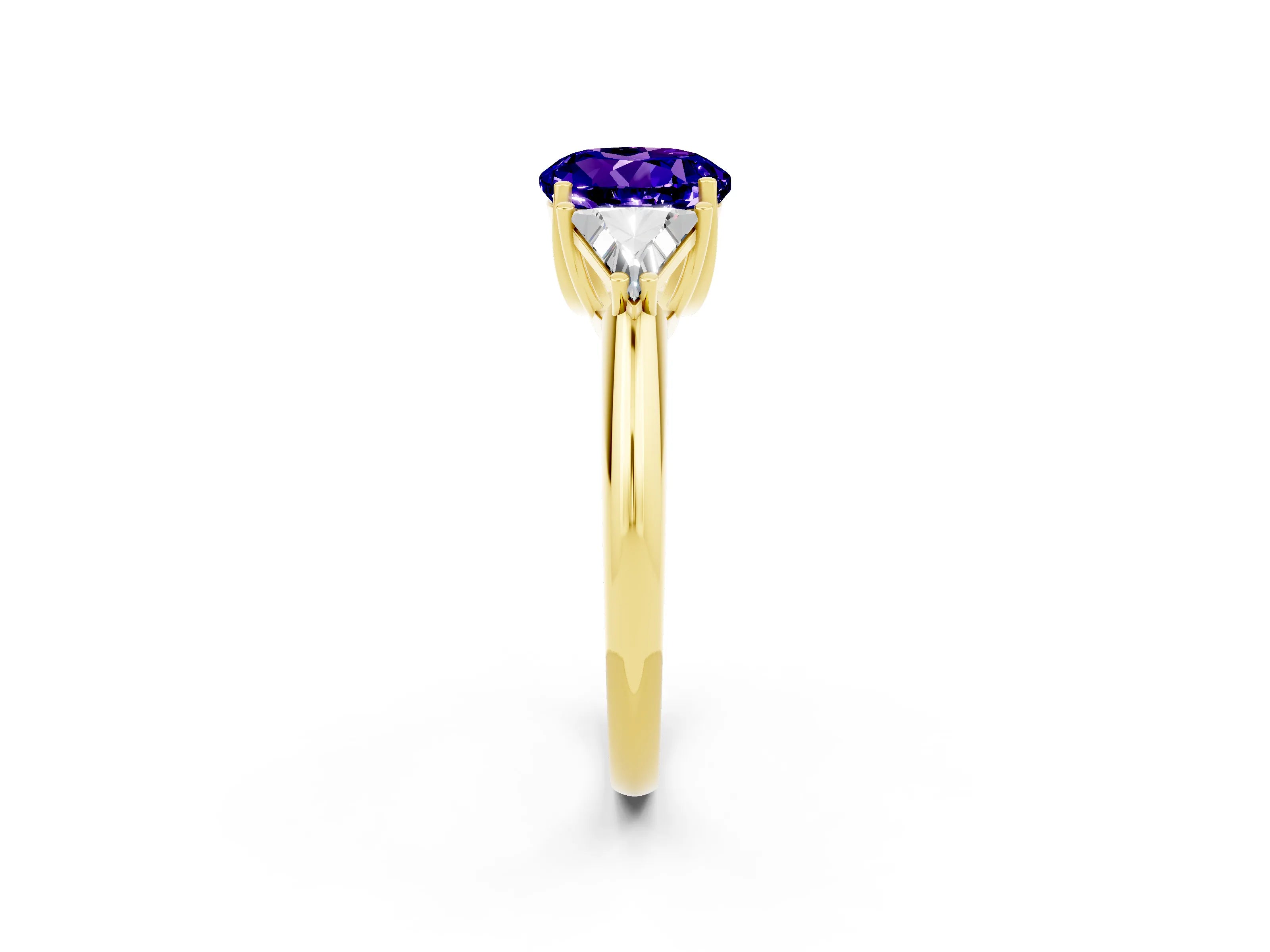 Yellow gold Three-Stone Round Cut Cut Diamond Ring with Trillion Side Stones and Four-Prong Setting_2
