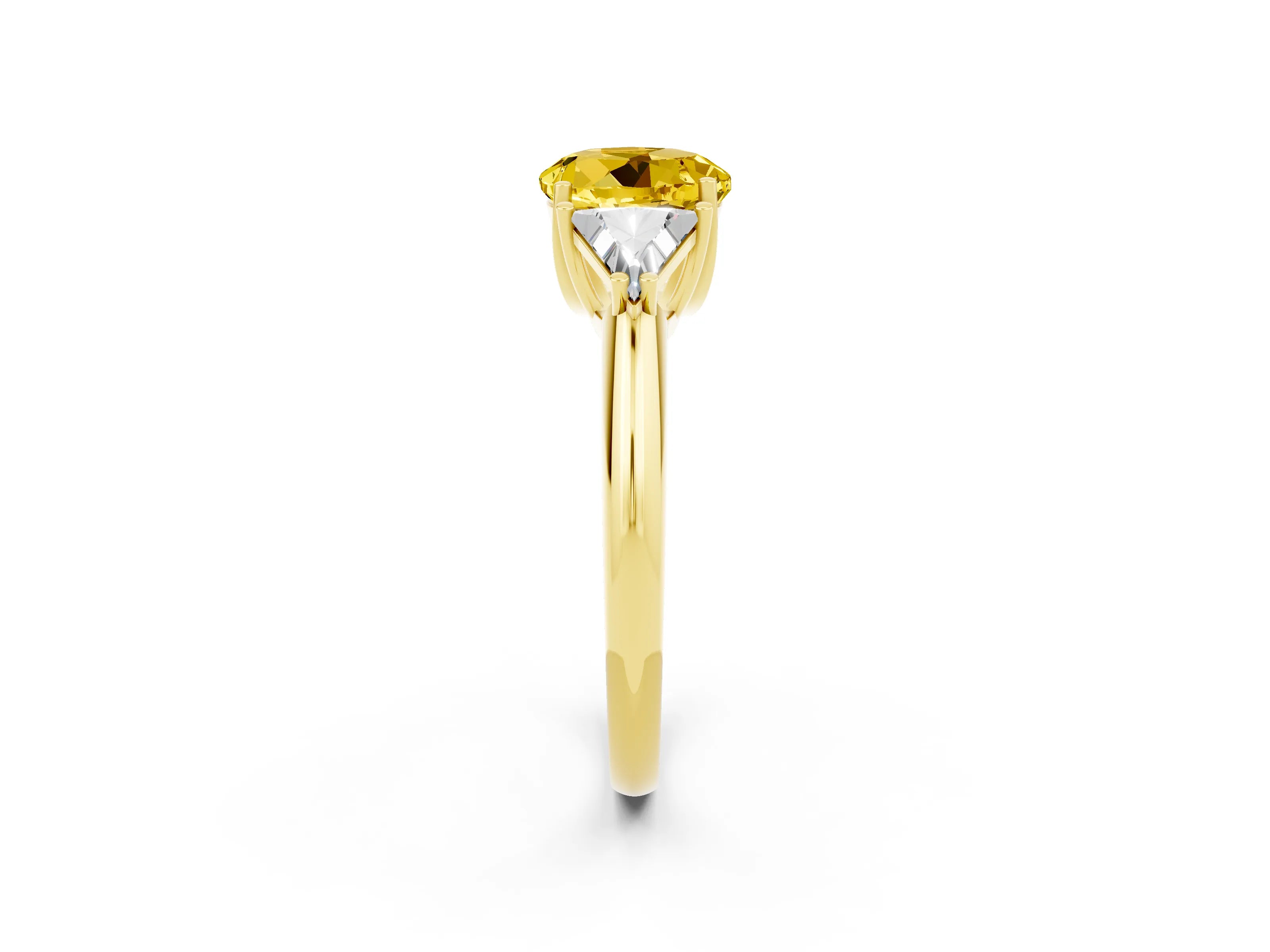 Yellow gold Three-Stone Round Cut Cut Diamond Ring with Trillion Side Stones and Four-Prong Setting_2