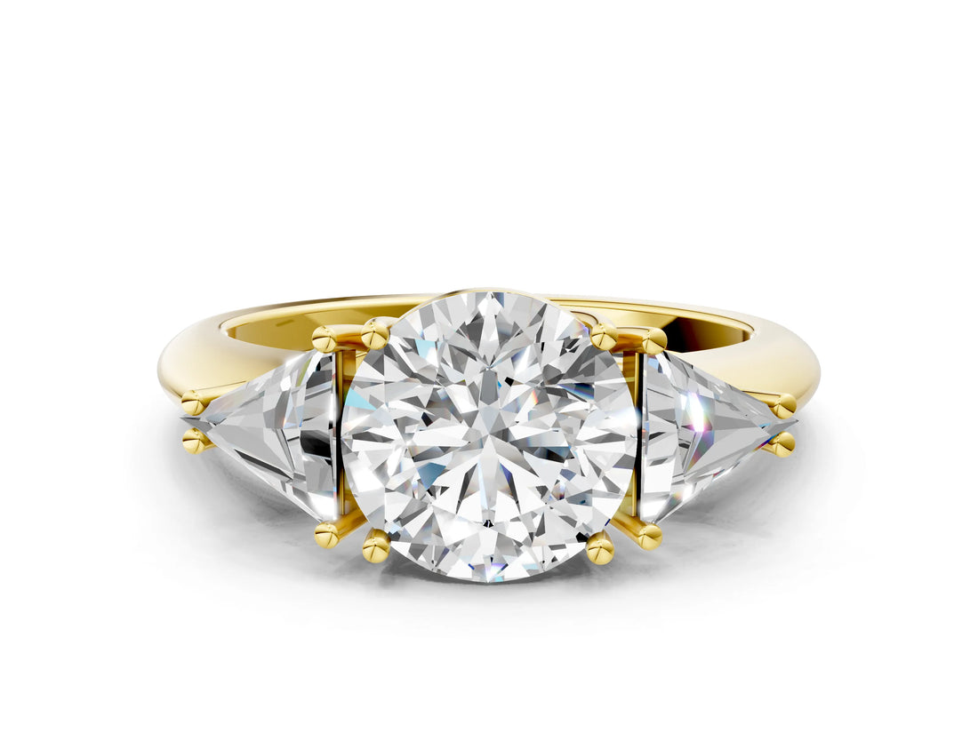 Yellow gold Three-Stone Round Cut Cut Diamond Ring with Trillion Side Stones and Four-Prong Setting_3