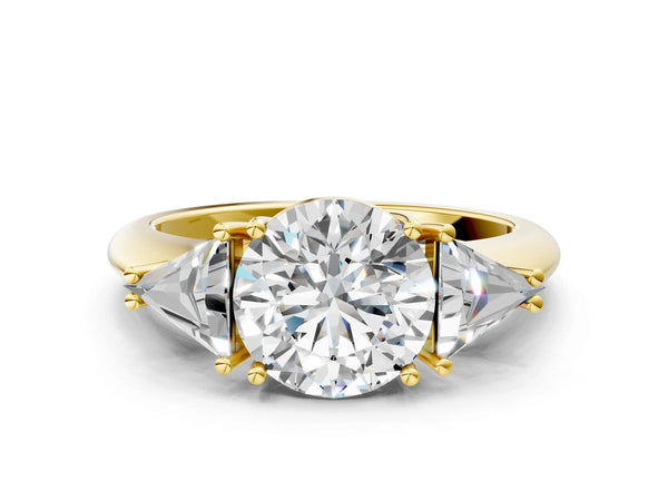 Yellow gold Three-Stone Round Cut Cut Diamond Ring with Trillion Side Stones and Four-Prong Setting