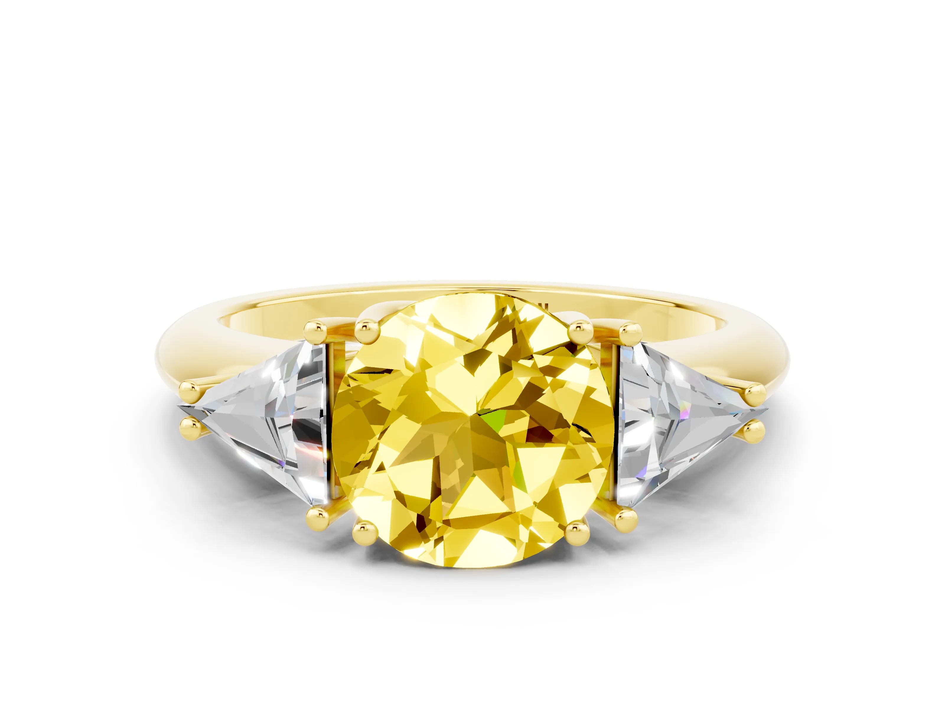 Yellow gold Three-Stone Round Cut Cut Diamond Ring with Trillion Side Stones and Four-Prong Setting
