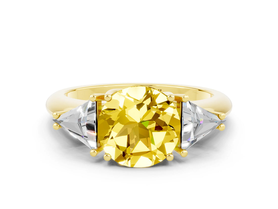 Yellow gold Three-Stone Round Cut Cut Diamond Ring with Trillion Side Stones and Four-Prong Setting