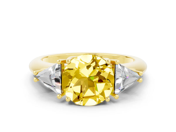 Yellow gold Three-Stone Round Cut Yellow Sapphire Engagement Ring with Trillion Side Stones and Prong Setting