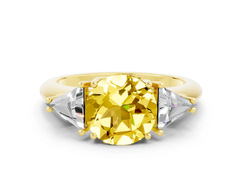Yellow gold Three-Stone Round Cut Cut Diamond Ring with Trillion Side Stones and Four-Prong Setting