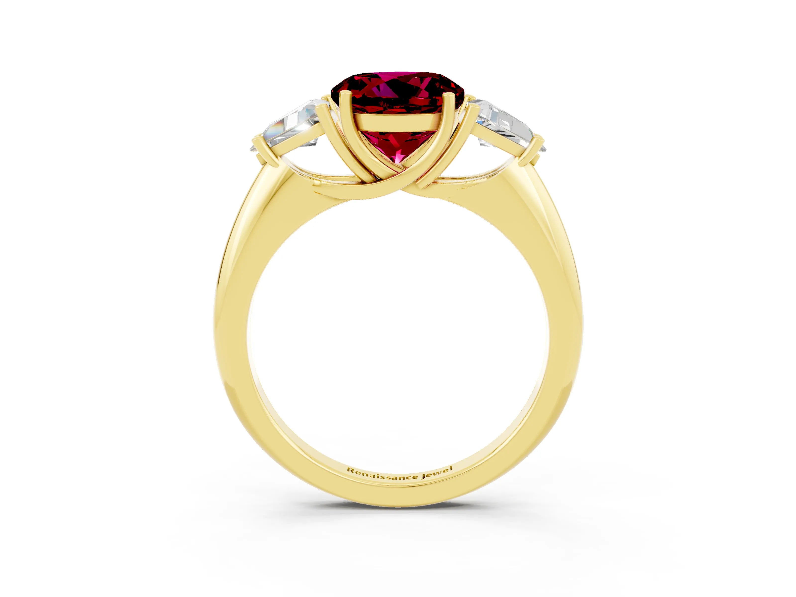 Yellow gold Three-Stone Round Cut Cut Diamond Ring with Trillion Side Stones and Four-Prong Setting_3