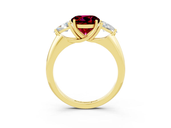 Yellow gold Three-Stone Round Cut Garnet Engagement Ring with Trillion Side Stones and Prong Setting