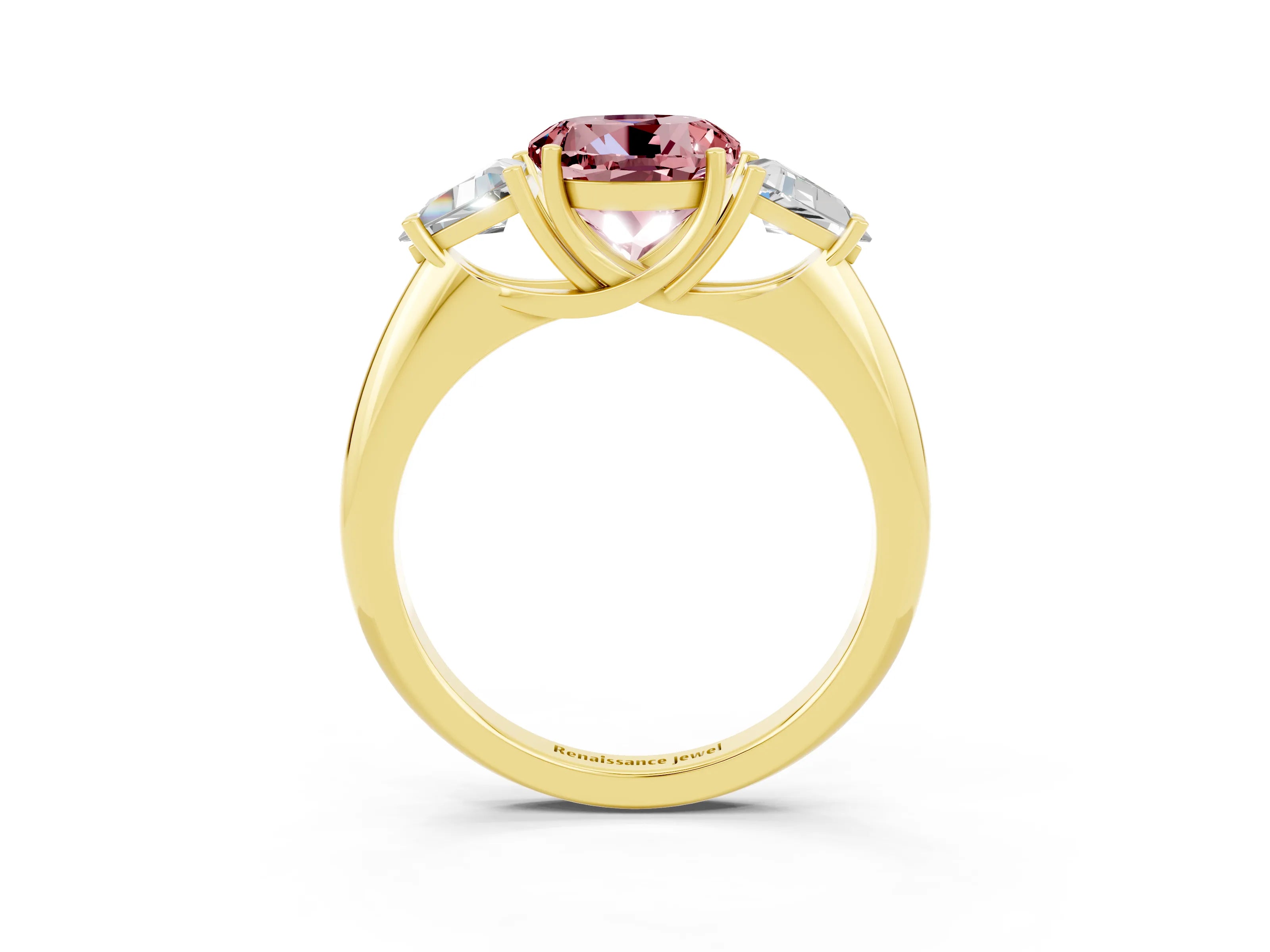 Yellow gold Three-Stone Round Cut Cut Diamond Ring with Trillion Side Stones and Four-Prong Setting_3