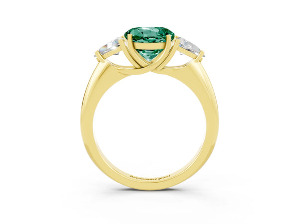 Yellow gold Three-Stone Round Cut Green Sapphire Engagement Ring with Trillion Side Stones and Prong Setting