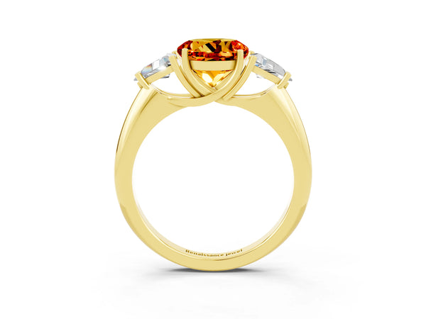Yellow gold Three-Stone Round Cut Citrine Engagement Ring with Trillion Side Stones and Prong Setting