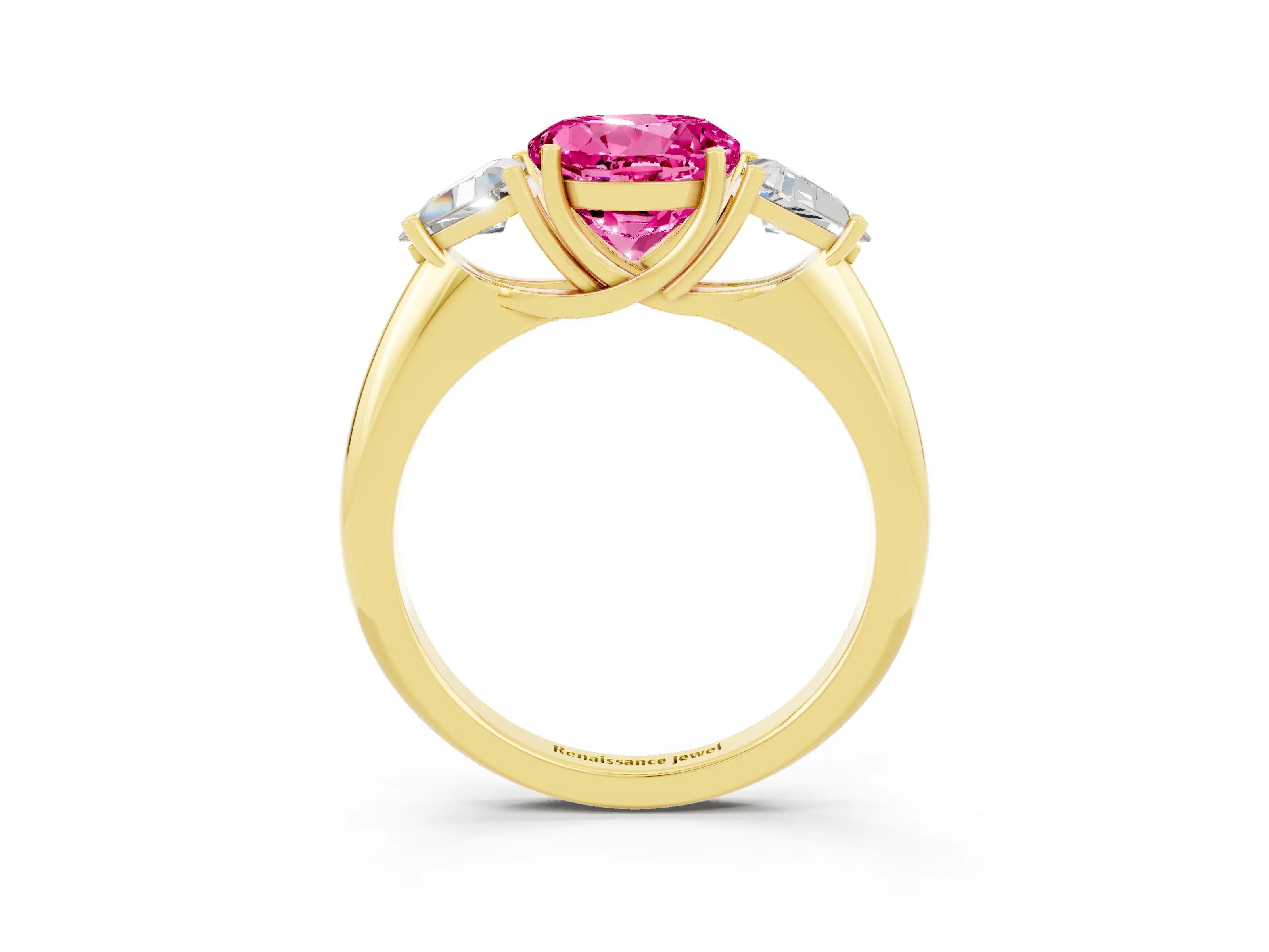 Yellow gold Three-Stone Round Cut Cut Diamond Ring with Trillion Side Stones and Four-Prong Setting_3