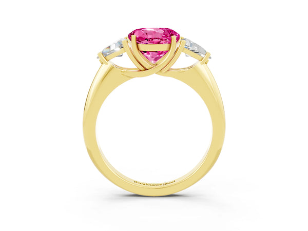 Yellow gold Three-Stone Round Cut Cut Diamond Ring with Trillion Side Stones and Four-Prong Setting