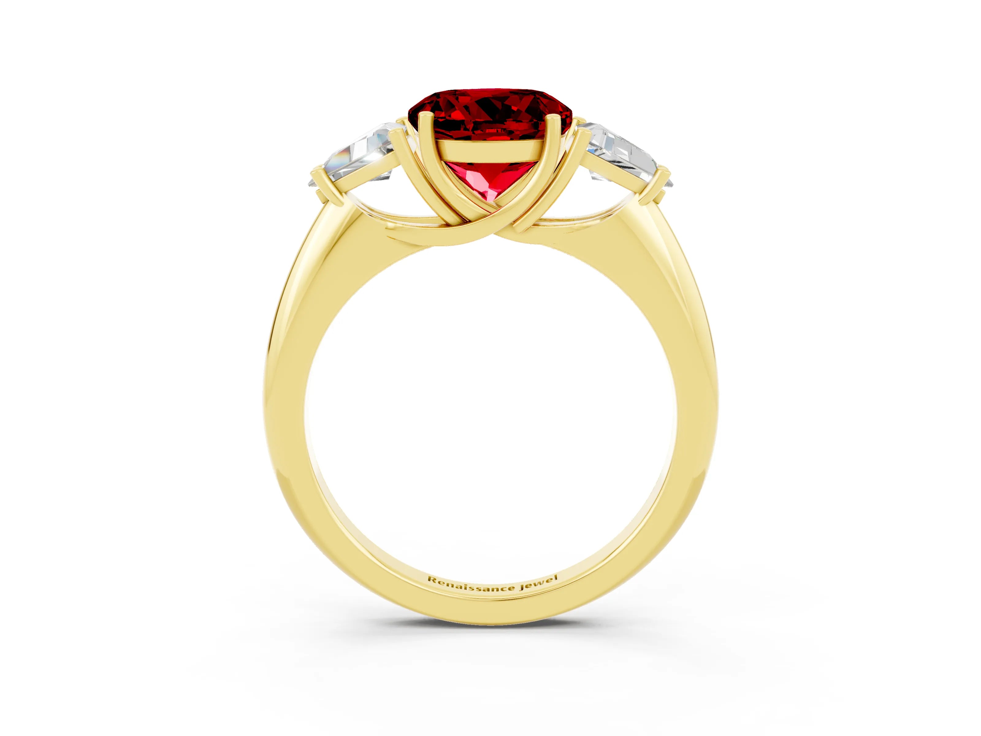 Yellow gold Three-Stone Round Cut Cut Diamond Ring with Trillion Side Stones and Four-Prong Setting_3