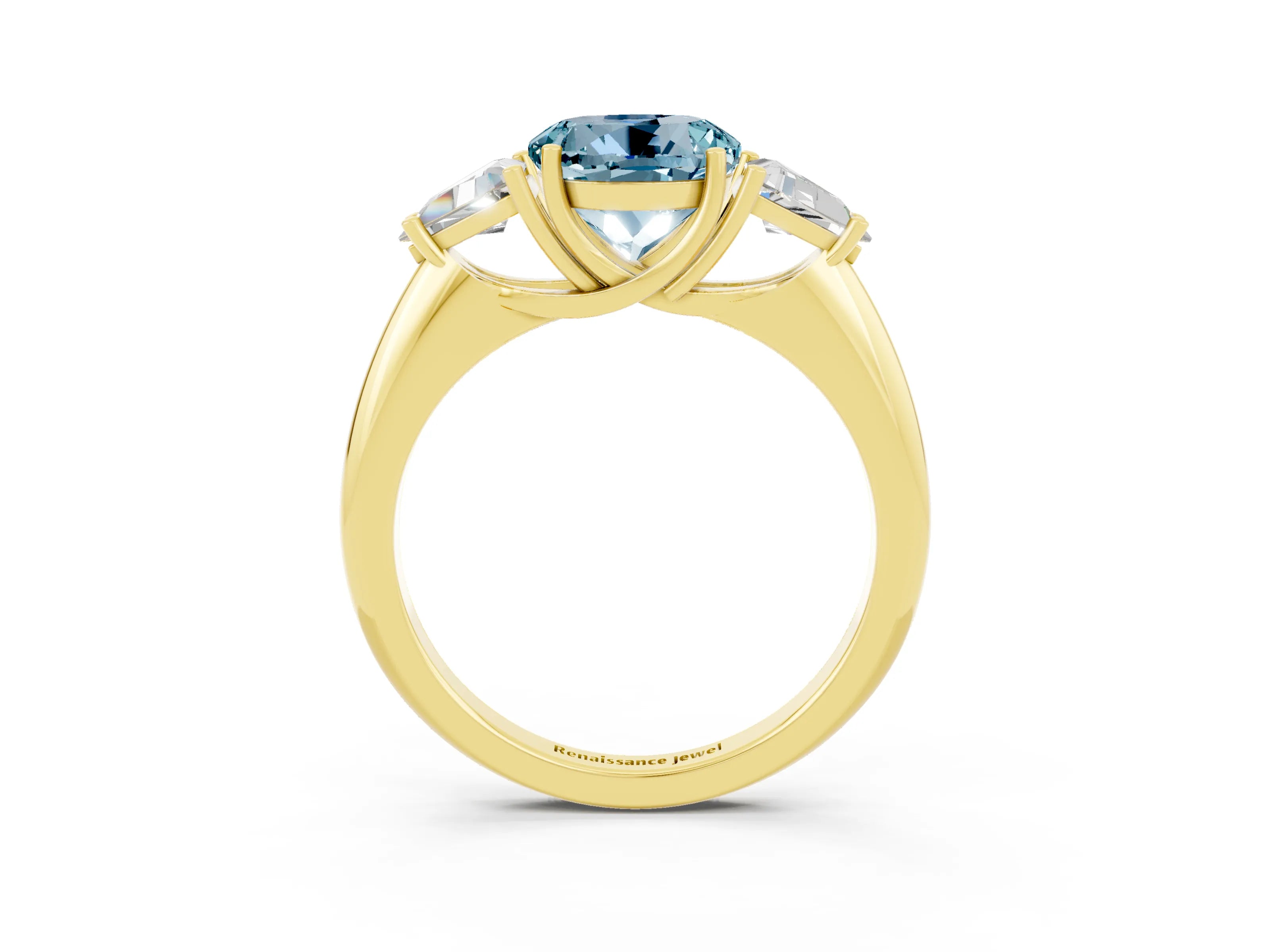 Yellow gold Three-Stone Round Cut Cut Diamond Ring with Trillion Side Stones and Four-Prong Setting_3