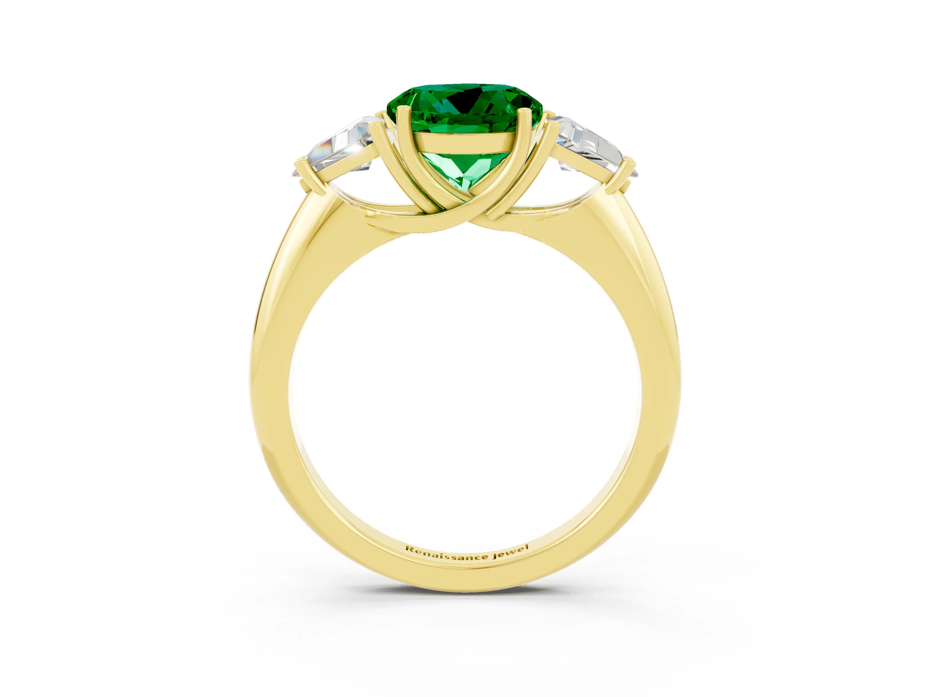 Yellow gold Three-Stone Round Cut Cut Diamond Ring with Trillion Side Stones and Four-Prong Setting_3