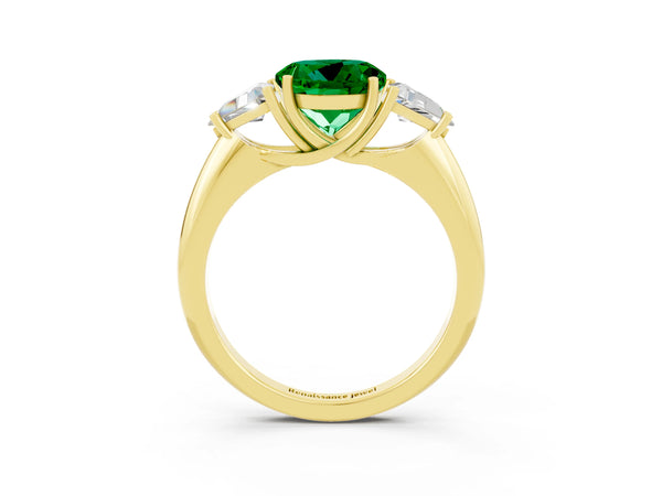 Yellow gold Three-Stone Round Cut Emerald Engagement Ring with Trillion Side Stones and Prong Setting