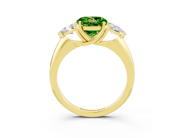 Yellow gold Three-Stone Round Cut Cut Diamond Ring with Trillion Side Stones and Four-Prong Setting