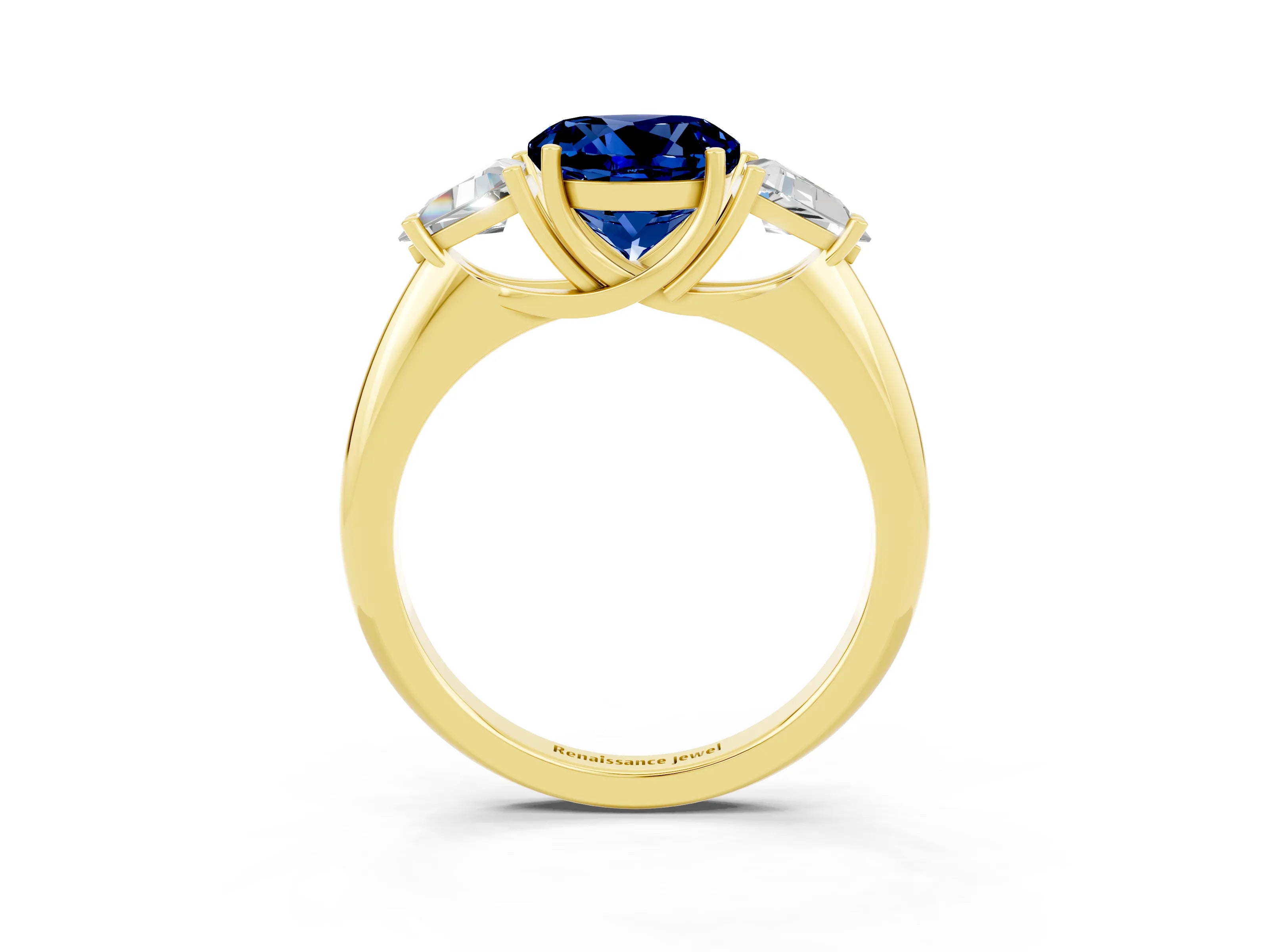 Yellow gold Three-Stone Round Cut Cut Diamond Ring with Trillion Side Stones and Four-Prong Setting_3