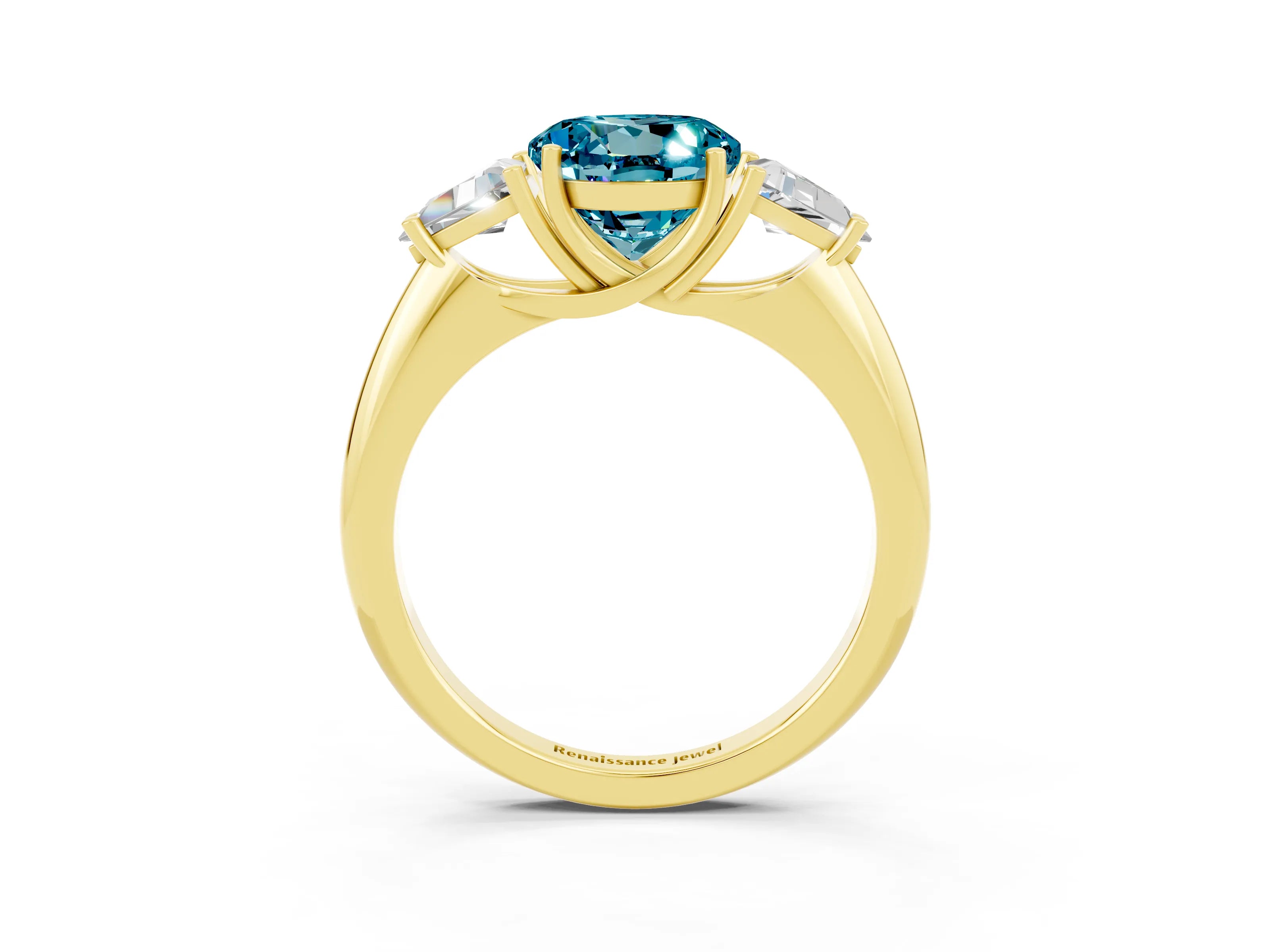 Yellow gold Three-Stone Round Cut Cut Diamond Ring with Trillion Side Stones and Four-Prong Setting_3