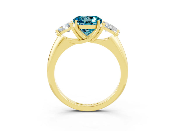 Yellow gold Three-Stone Round Cut Cut Diamond Ring with Trillion Side Stones and Four-Prong Setting