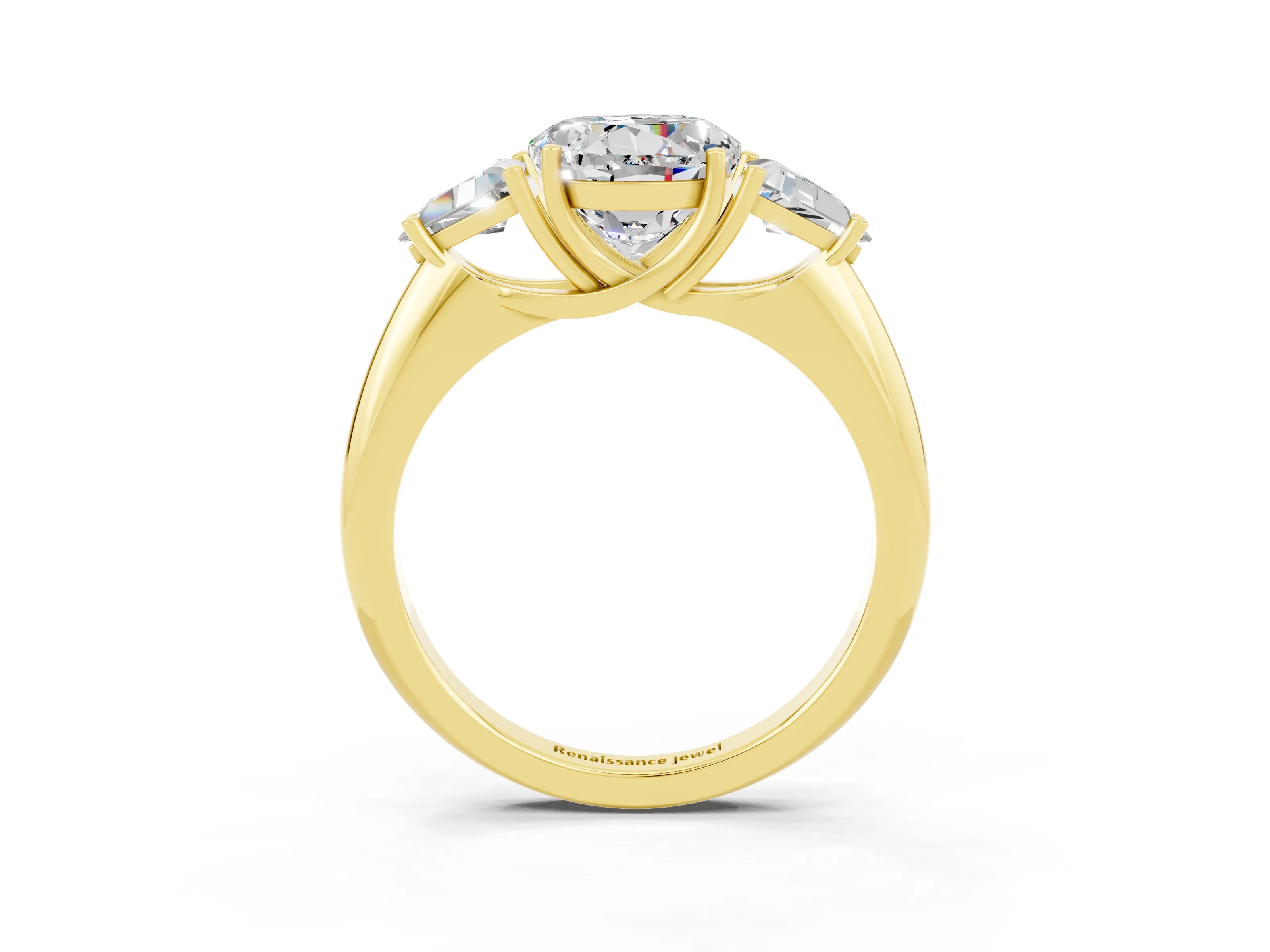 Yellow gold Three-Stone Round Cut Cut Diamond Ring with Trillion Side Stones and Four-Prong Setting_3