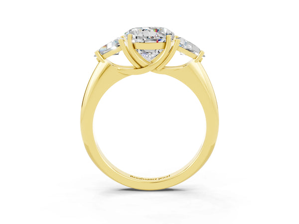 Yellow gold Three-Stone Round Cut Moissanite Engagement Ring with Trillion Side Stones and Prong Setting