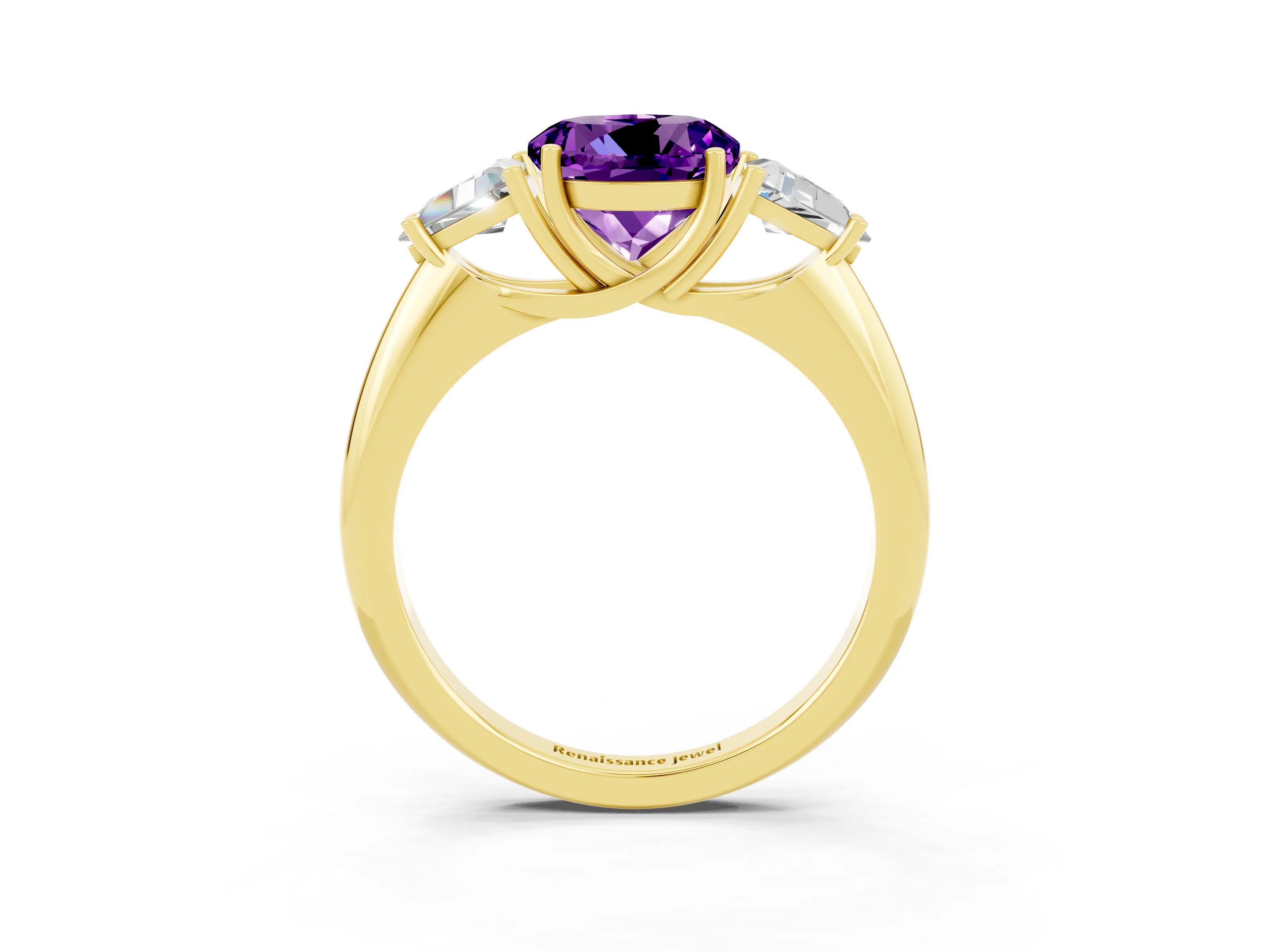 Yellow gold Three-Stone Round Cut Cut Diamond Ring with Trillion Side Stones and Four-Prong Setting_3
