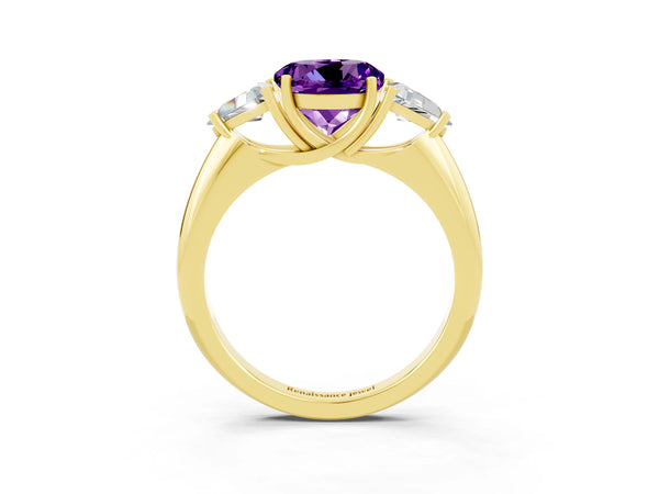 Yellow gold Three-Stone Round Cut Amethyst Engagement Ring with Trillion Side Stones and Prong Setting