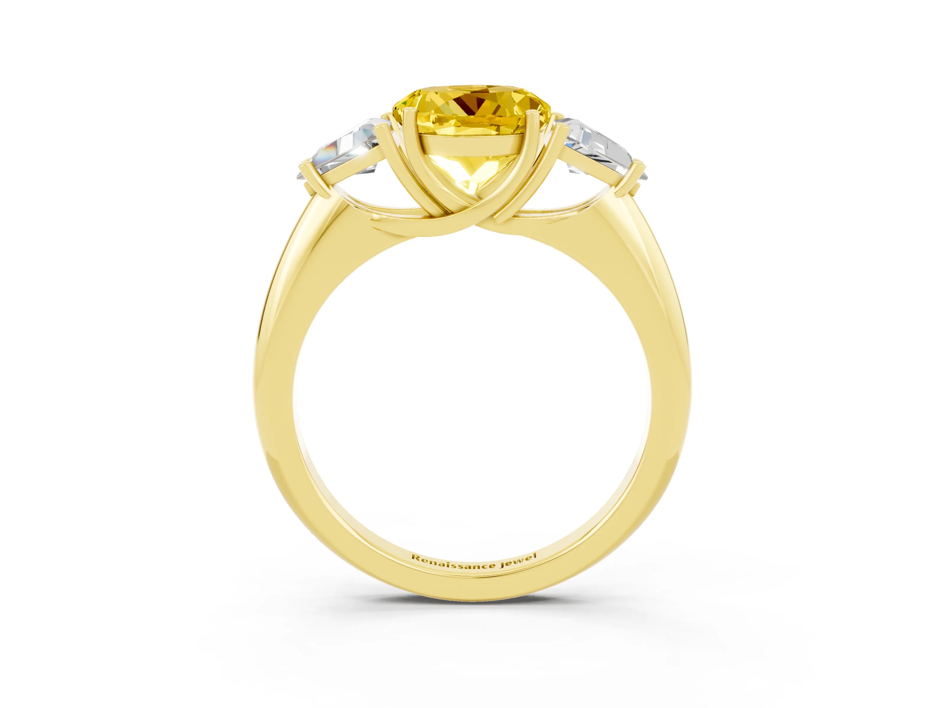 Yellow gold Three-Stone Round Cut Cut Diamond Ring with Trillion Side Stones and Four-Prong Setting_3