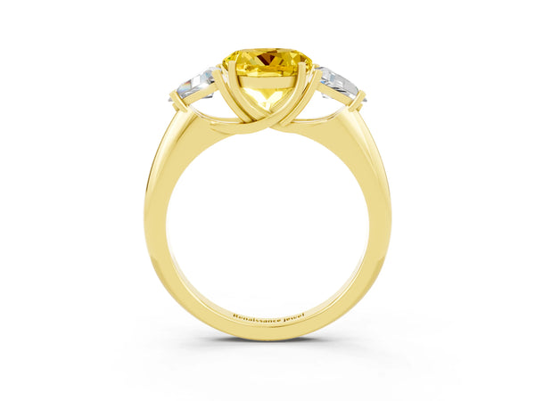 Yellow gold Three-Stone Round Cut Yellow Sapphire Engagement Ring with Trillion Side Stones and Prong Setting