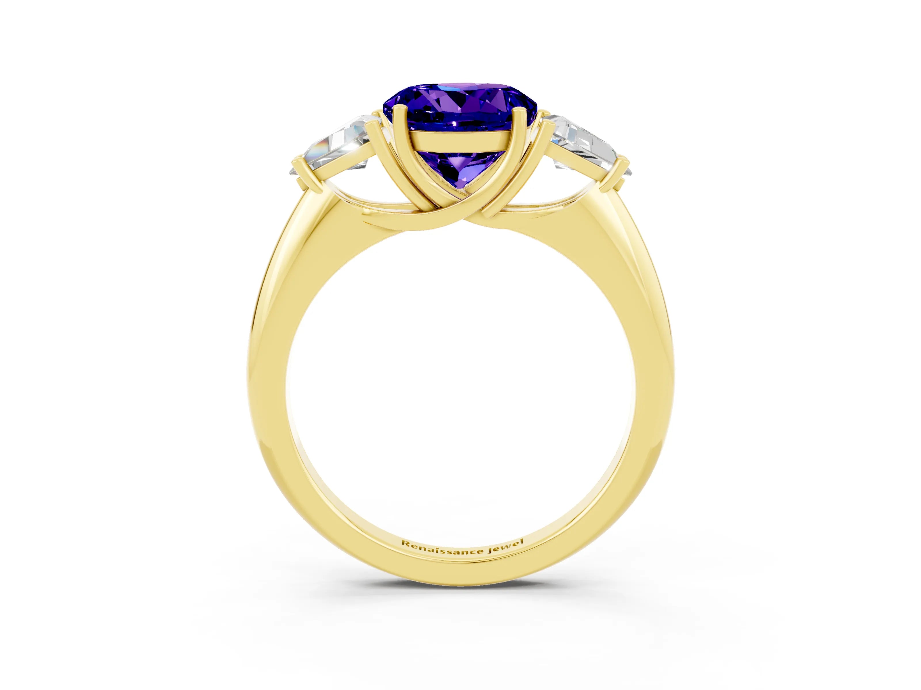 Yellow gold Three-Stone Round Cut Cut Diamond Ring with Trillion Side Stones and Four-Prong Setting_3