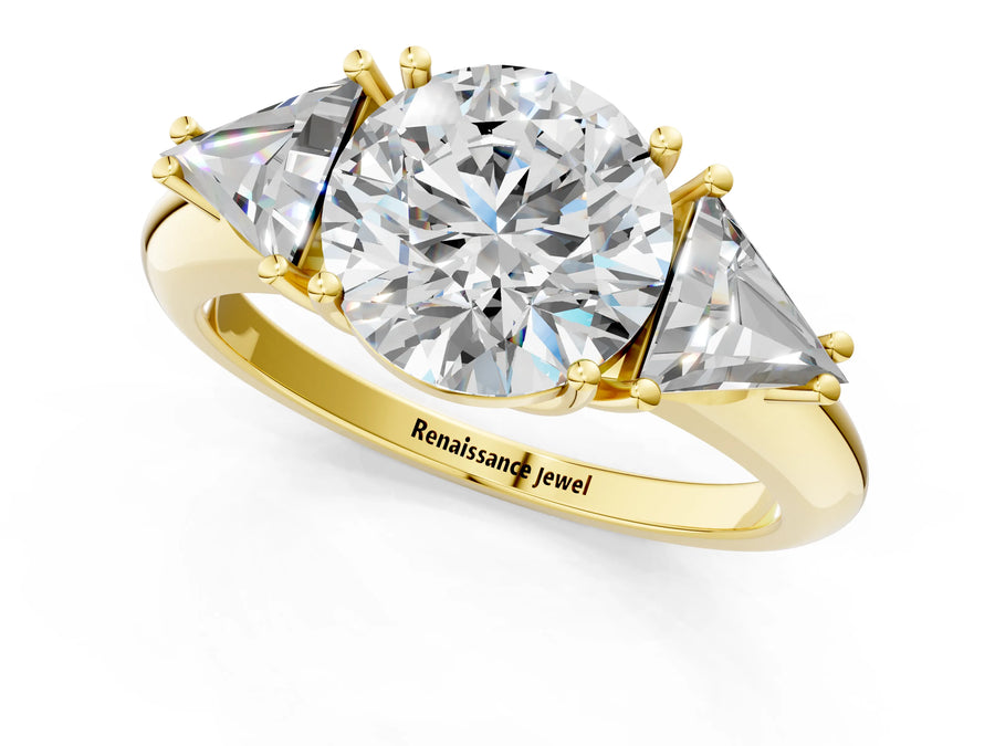 Yellow gold Three-Stone Round Cut Cut Diamond Ring with Trillion Side Stones and Four-Prong Setting