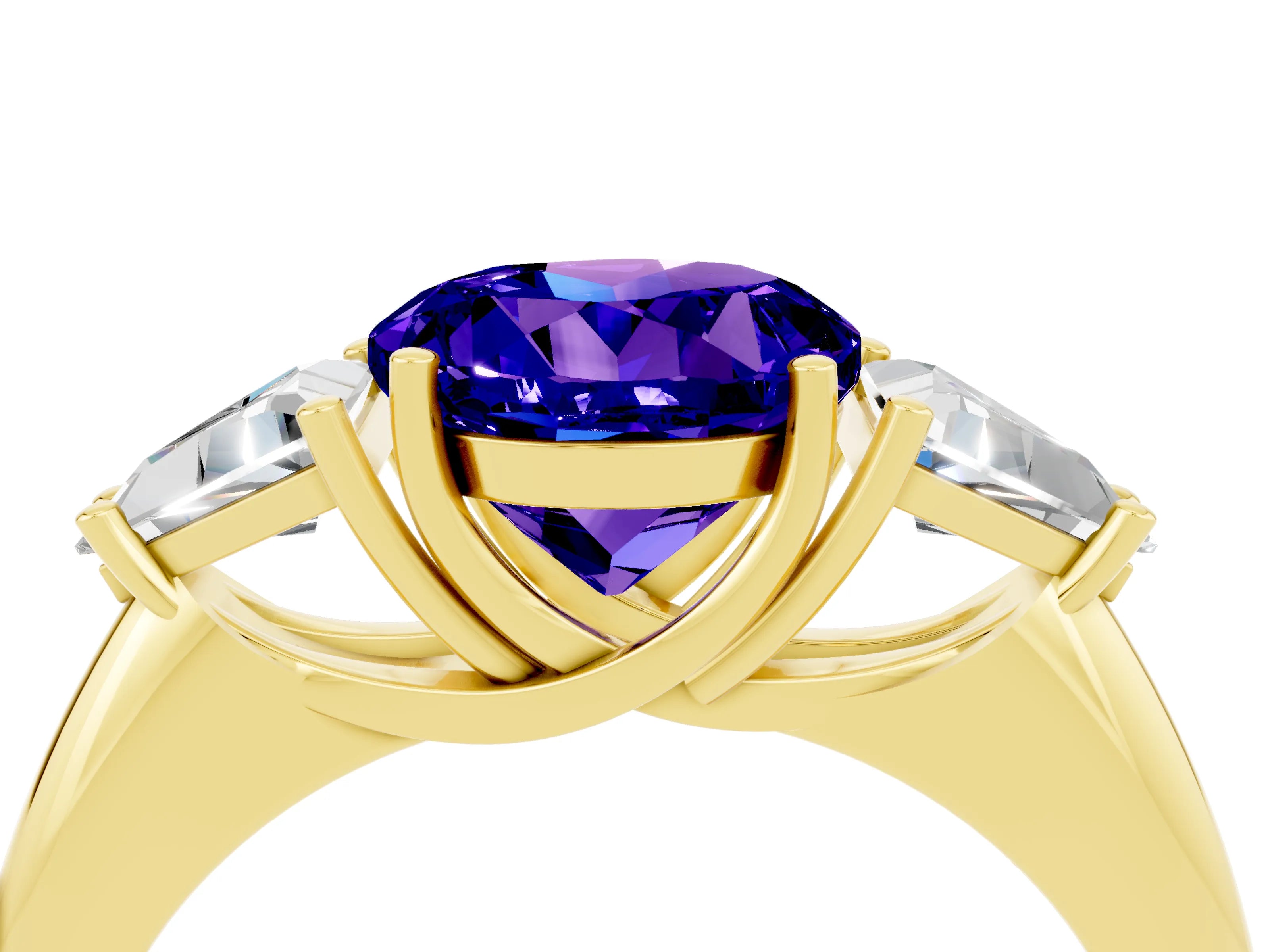 Yellow gold Three-Stone Round Cut Cut Diamond Ring with Trillion Side Stones and Four-Prong Setting_4