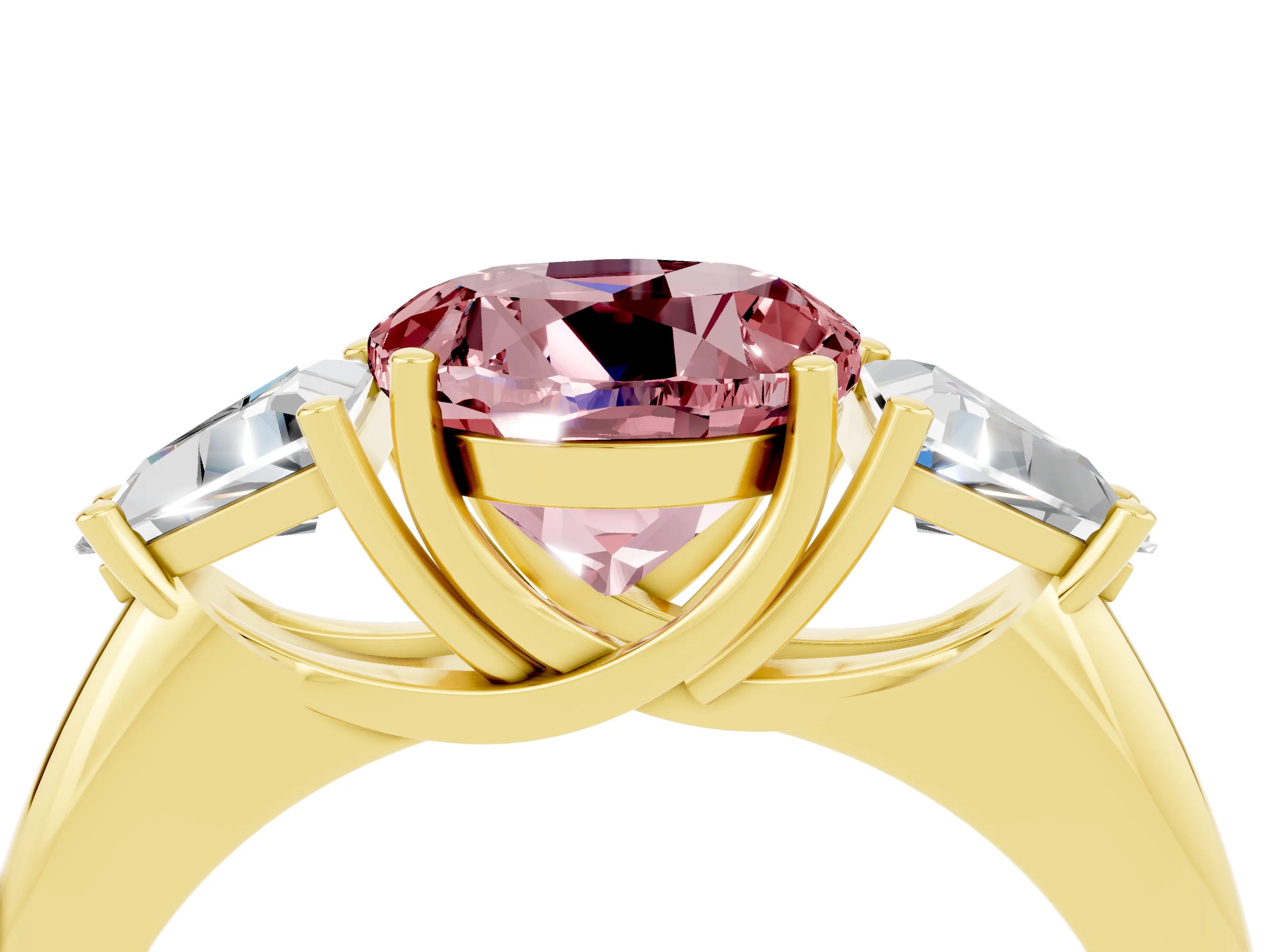 Yellow gold Three-Stone Round Cut Cut Diamond Ring with Trillion Side Stones and Four-Prong Setting_4