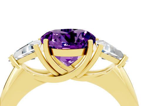 Yellow gold Three-Stone Round Cut Cut Diamond Ring with Trillion Side Stones and Four-Prong Setting_4