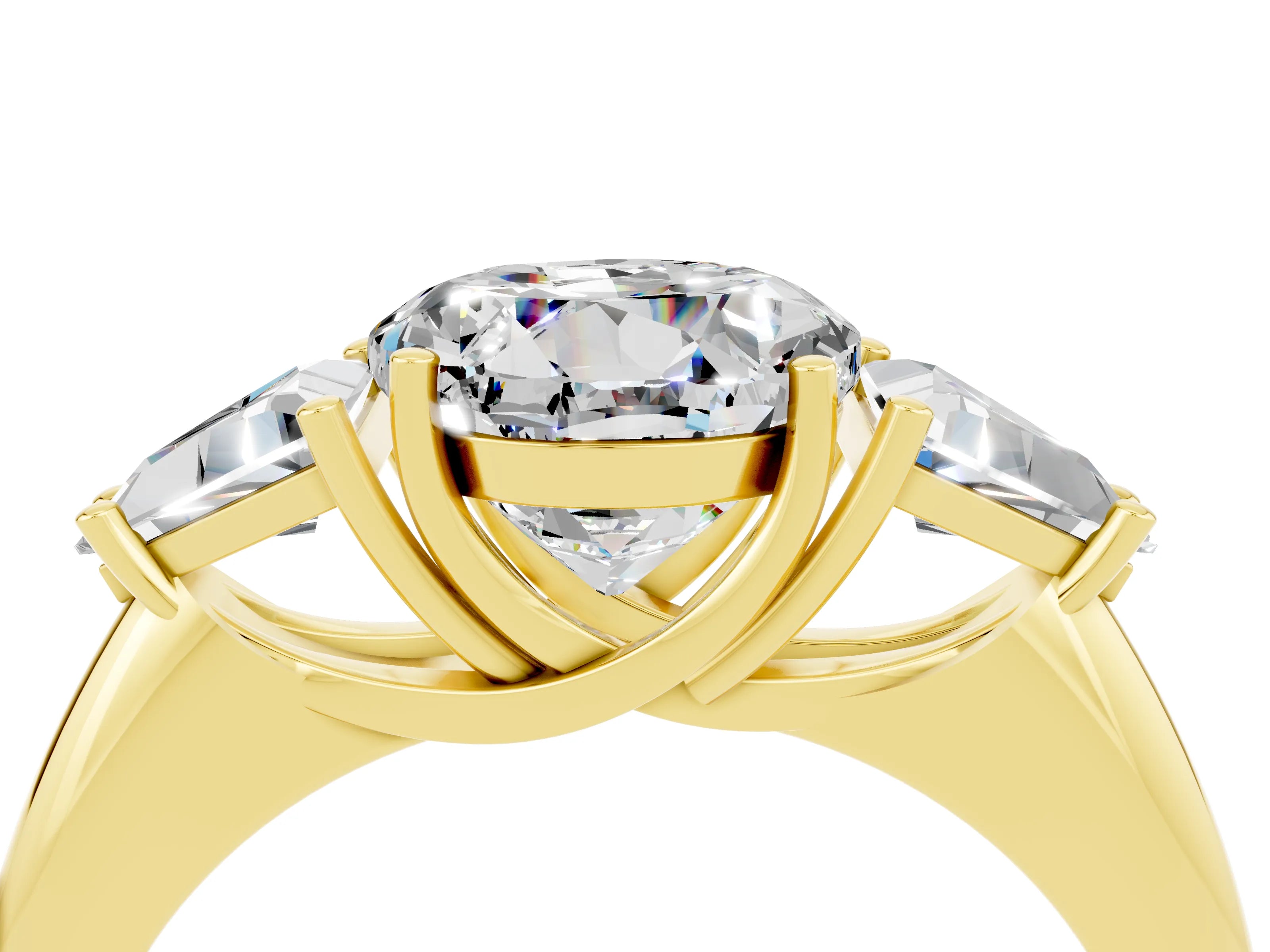 Yellow gold Three-Stone Round Cut Cut Diamond Ring with Trillion Side Stones and Four-Prong Setting_4